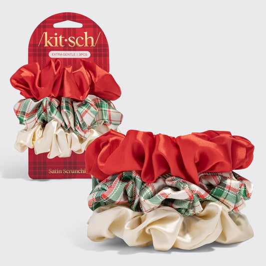 Kitsch Holiday Scrunchies – Red, Ivory & Plaid 3-Piece Set