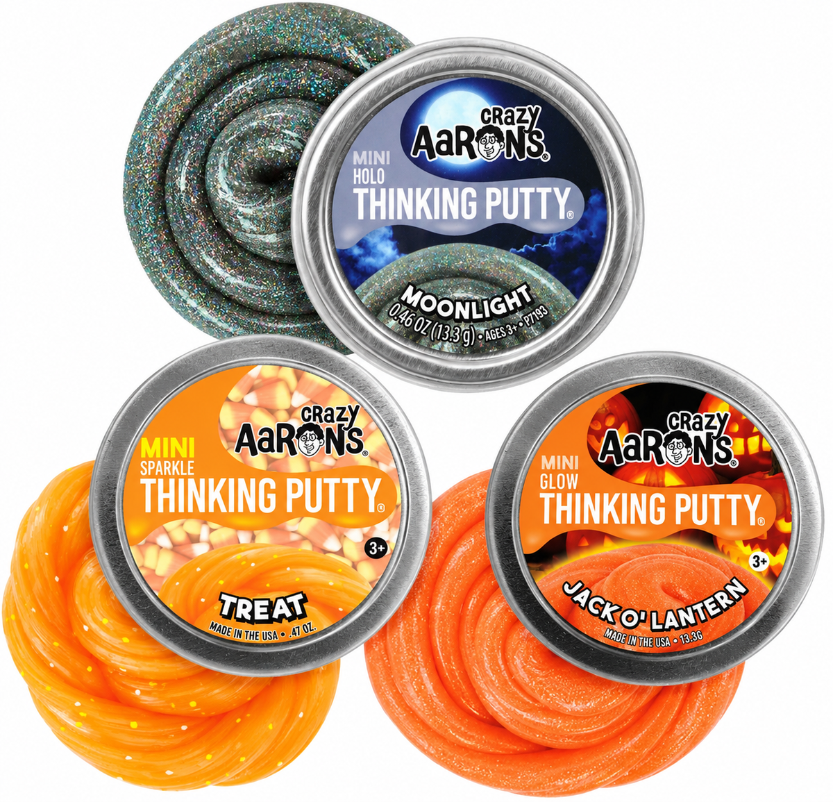 Crazy Aaron's Halloween Mini Thinking Putty 3-Pack | Moonlight, Treat & Jack-O'-Lantern